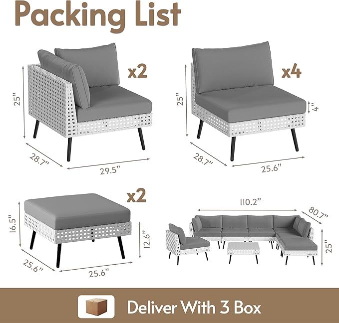 8 Piece Patio Furniture Sets, Modular Patio Sectional Conversation Sets with Upgraded Cationic Fabric Cushions & Outdoor All-Weather Handwoven Open Weave Wicker for Garden, Poolside, Backyard