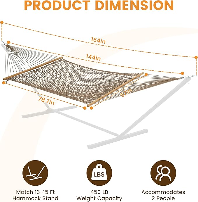 Lazy Daze Hammocks 12FT Double Rope Hammocks, 2 Person Hand Woven Cotton Hammock with Spreader Bar, Carabiner, Tree Strap, Chain for Outside, FIT 13-15 FT Stand, Max 450 Lbs, Brown