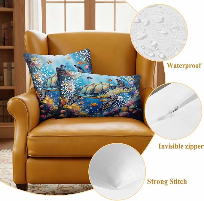 Turtle Waterproof Outdoor Pillow Covers Set of 2 Home Decor, Ocean Fish Coral Underwater World Cartoon Pillowcase Patio Pillow Covers for Couch Bench Furniture Garden 16x16in