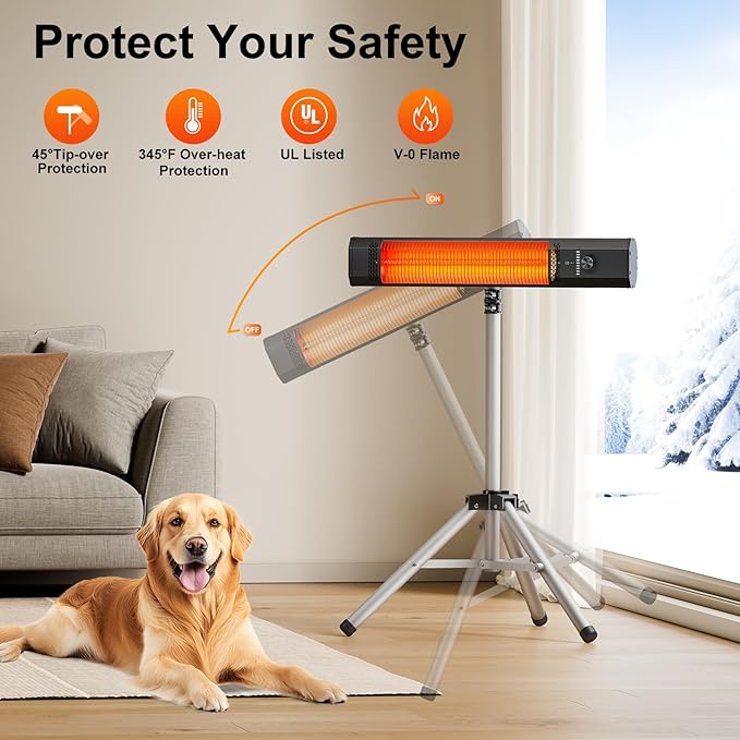 Outdoor Patio Heater w/Remote, Infrared Electric Heater with Tripod, 68''Adjustable Height, 9H Timer&Child Lock, IP65 Waterproof,Tip-Over&Overheat Protection, 1500W, Super Quiet For Outdoor/Indoor Use