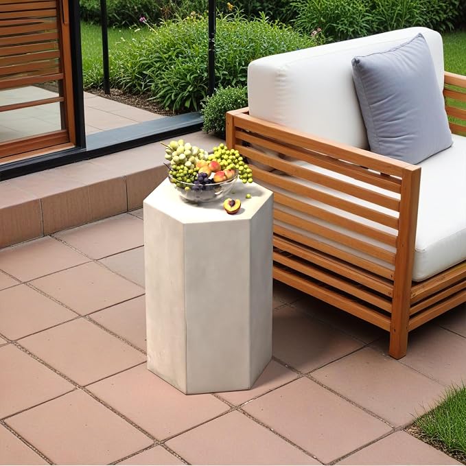 SUNBURY Outdoor Concrete Side Table, 20" H Hexagon Accent Table Outdoor End Tables for Patio, Morden Decor Side Table for Outside, Living Room, Bedroom, Light Grey