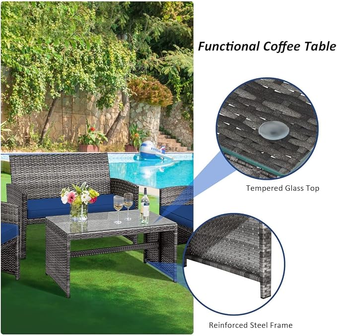 DORTALA 4 Piece Patio Furniture Set, Outdoor Wicker Conversation Set with Soft Cushions & Tempered Glass Coffee Table, Rattan Patio Sofa Bistro Sets for Courtyard Balcony, Navy