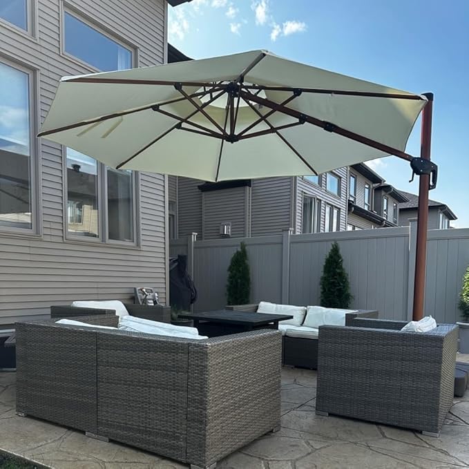 PURPLE LEAF Cantilever Umbrella with Base Outdoor Round Umbrellas Large Cantilever Umbrella Windproof Offset Heavy Duty Sun Umbrellas for Garden Deck Pool Patio, 12ft Cream