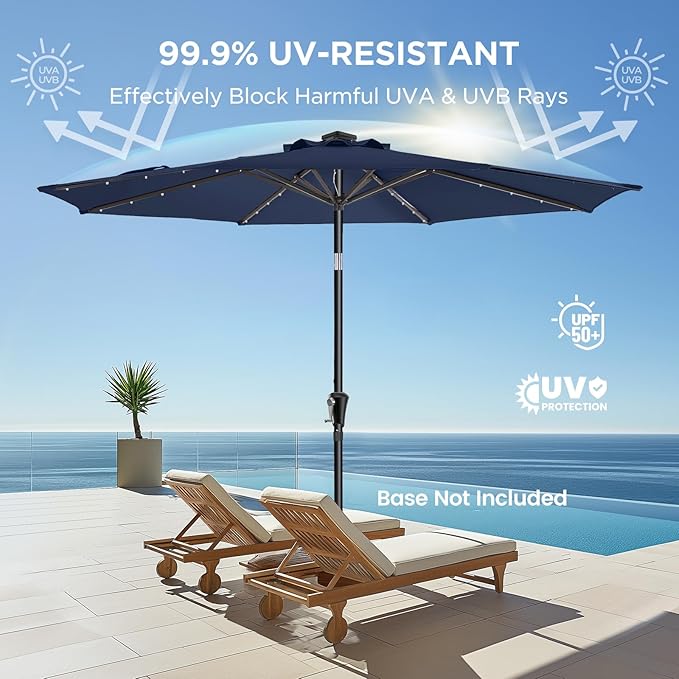 HOMSHADE 9ft Solar Patio Umbrella - Solar Lights LED Lighted Outdoor Market Table Umbrella, UPF50+ UV Protection with Push Button Tilt, Crank for Pool Deck and Garden (Navy Blue)