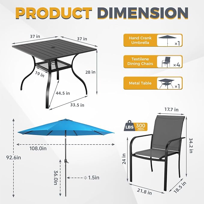 SUNCROWN 6 - Piece Outdoor Dining Set, Patio Furniture Set with 4 Textilene Dinning Chairs, 1 Steel Slat Metal Bistro Table and 1 Sky Blue 9Ft Patio Umbrella for Lawn Garden Backyard Deck, Grey
