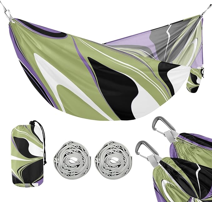 Qilmy Unique Pattern Camping Hammock Single – 330 lbs Capacity, Lightweight with Tree Straps & Carabiners, Portable for Hiking, Travel, Backpacking