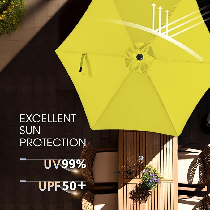 wikiwiki 7.5FT Patio Umbrella with Base, Outdoor Umbrellas with Base Included, 6 Sturdy Ribs, Waterproof Fade Resistant POLYESTER DTY Canopy for Deck, Lawn, Garden, Backyard & Pool, Yellow