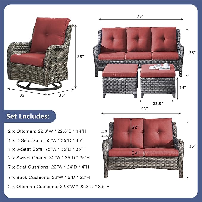 Rilyson Wicker Patio Furniture Set - 6 Piece Rattan Outdoor Sectional Conversation Sets with 2 Rocking Swivel Chairs,2 Ottomans,1 Sofa and 1 Loveseat for Porch Deck Garden(Mixed Grey/Red)
