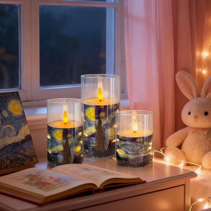 Flickering Flameless Candles, Recessed String Light LED Candles Acrylic Battery Operated LED Pillar Candles Van Gogh Art Painting Style for Home Decor Set of 3(Starry Night Printed)