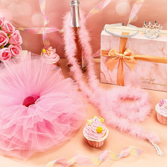 4 Pcs Princess Porch Goose Outfit for 23" 17" Cement Lawn Goose Costume Crown Necklace Tutu Skirt Feather Trim(Pink)