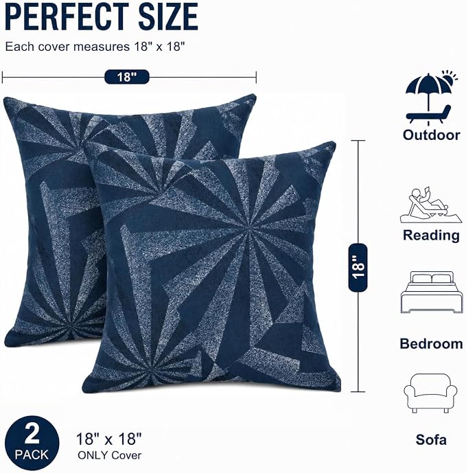 Outdoor Pillow Covers Waterproof Throw Pillow Covers, Set of 2 Jacquard Texture Water Resistant Fade Resistant Decorative Cushion Covers for Garden Patio Bench Couch Sofa, 18x18 Inch (Night Rays)