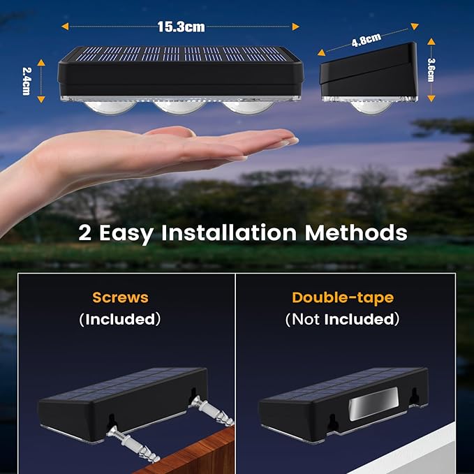 JOFIOS Solar Fence Lights Outdoor,1300mAh, 2 Pack,Warm/Natural/Cool White,IP65 Waterproof,Fence Lights Solar Powered,Solar Lighting for Deck, Backyard, Railing(Black)