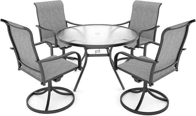 Anmutig 5-Piece Outdoor Patio Dining Set, 40" Round Glass Table with 4 Swivel Rocking Patio Chairs Furniture Set for Kitchen Garden, Backyard, Grey