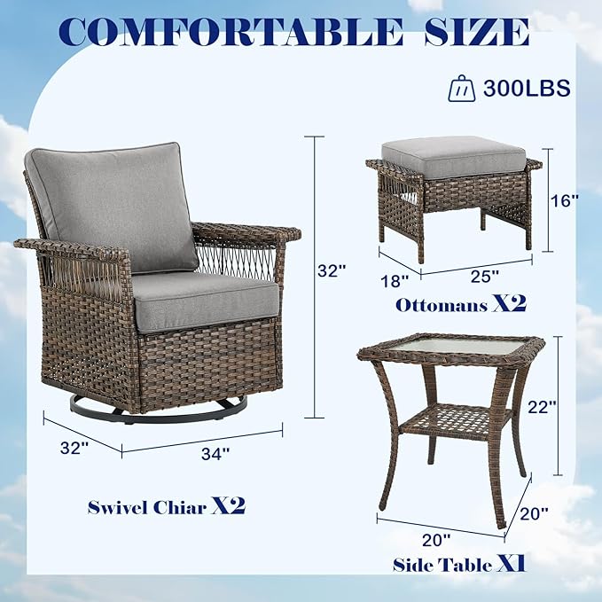 Outdoor Wicker Patio Furniture Set - 5 Piece Rattan Patio Conversation Sets with 2 Swivel Rocking Chairs,2 Ottomans and 1 Side Table for Porch Deck Garden(Brown/Grey)