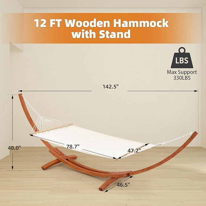ECOTOUGE 12 FT Wooden Hammock with Stand for Single Person, Weather-Resistant, Certified Sustainable Hammock Bed for Backyard, Balcony, Porch(White)