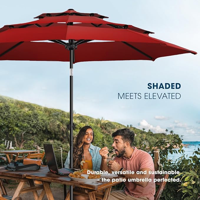 wikiwiki 10ft 3-Tier Patio Umbrella Outdoor Table Market Umbrella for Patio with Push Button Tilt/Crank, Fade Resistant Waterproof POLYESTER Canopy for Garden, Deck, Backyard & Pool, Burgundy Red