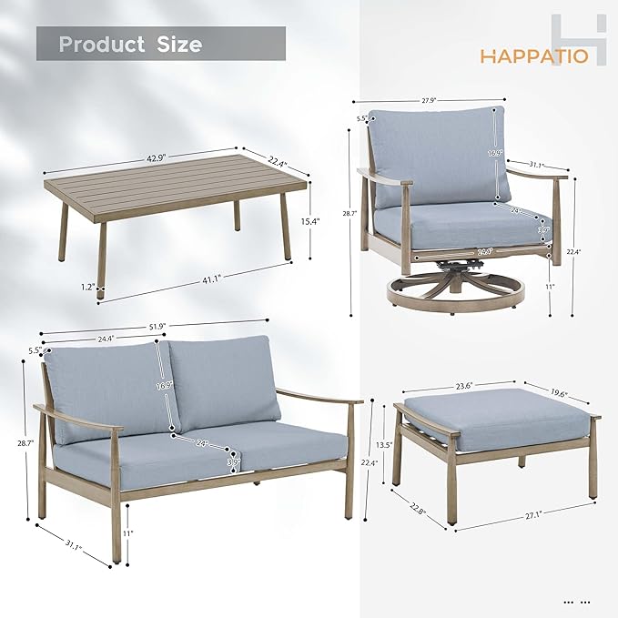 HAPPATIO Patio Outdoor Furniture Set - 6 Pieces Aluminum Outdoor Conversation Set with 1 Cushioned Loveseat, 1 Coffee Table, 2 Swivel Chairs, and 2 Ottomans for Yard, Porch, and Deck (Brown)