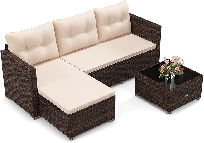 HAPPYGRILL 4-Seats Outdoor Wicker Furniture Set, L-Shaped Sectional Couch Set w/Tempered Glass Coffee Table & Soft Cushions, Patio Seating w/Left or Right Assembly for Yard, Porch