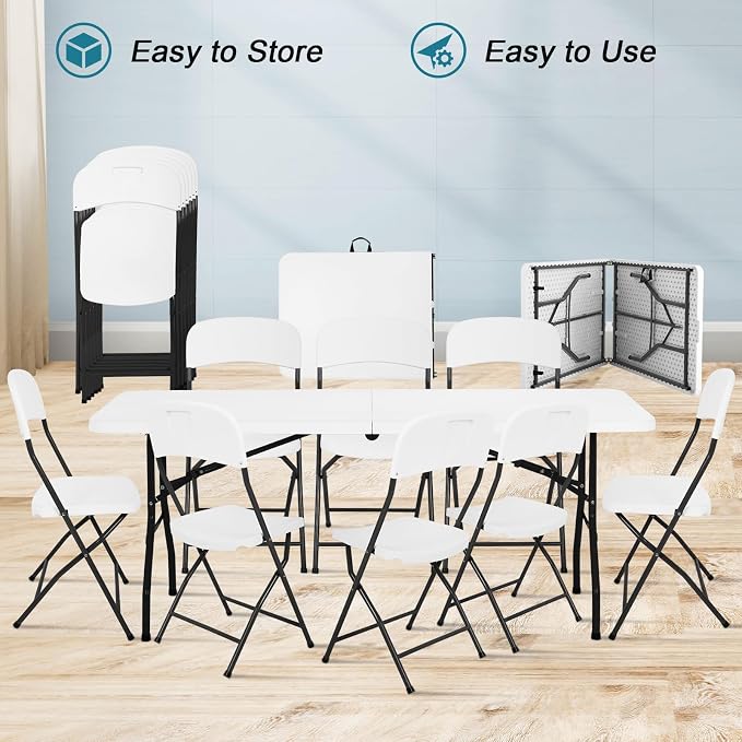 8ft Folding Table and Chairs, Outdoor Folding Chairs Set of 8, Foldable Table with Handle, Tables and Chairs for Parties, Picnic, Event, Indoor Outdoor Activities, at Home and Commercial Use, White