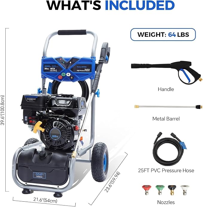 Gas Pressure Washer, 3500 PSI 2.3 GPM Power Washer with 209CC Engine, 4 Quick-Connect Nozzles, 25FT Hose, 3L Soap Tank, High Pressure Washer for Car, Driveway, Fence, Patio, Home Cleaning