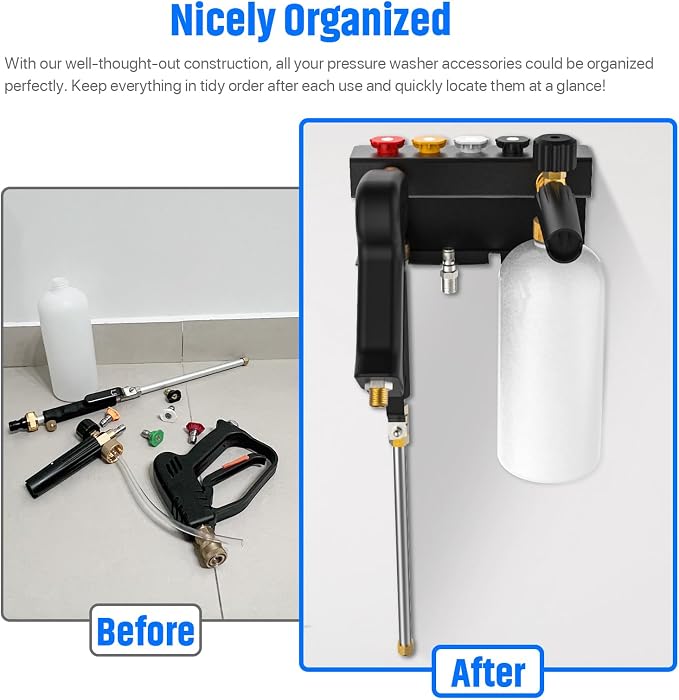 Pressure Washer Gun Holder, Power Washer&Snow Foam Cannon Quick Disconnect Tool Organizer, Pressure Washer Nozzle Tip&Wand Extension Storage Rack, Storage Wall Mount for 1/4" Quick Connector
