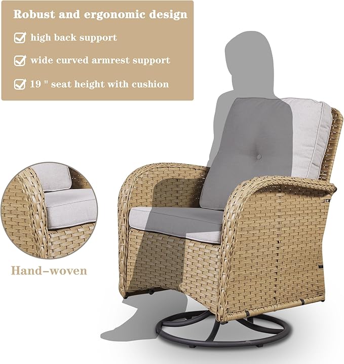 Belord Patio Furniture Swivel Glider PE Wicker Chairs, Outdoor Swivel Rocker Seating with Cushions for Porch Deck Balcony, Yellow/Beige