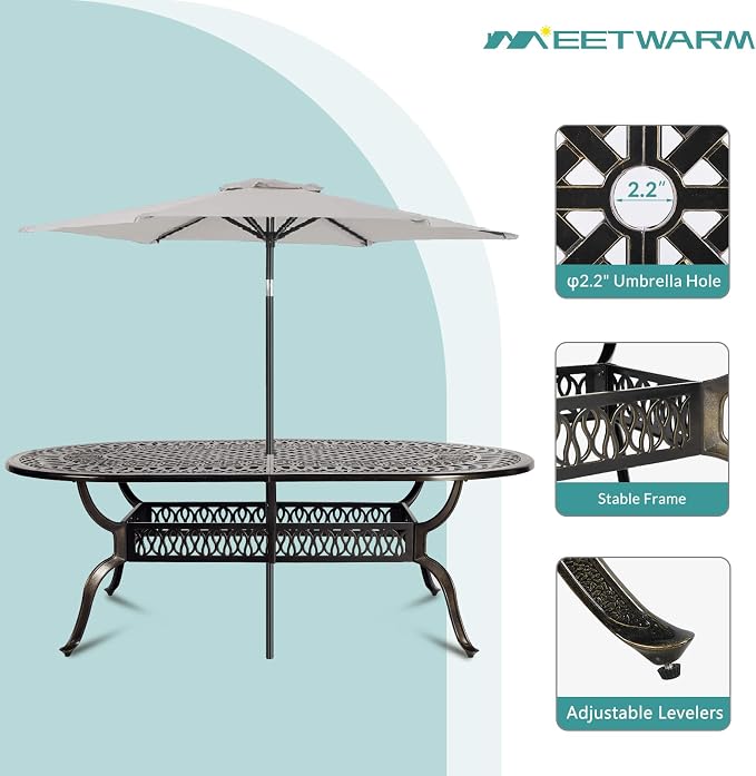 MEETWARM 9-Piece Outdoor Furniture Dining Set, All Weather Cast Aluminum Patio Garden Set with 8 Chairs, 8 Cushions, 1 Oval Table, 2" Umbrella Hole, Dark Bronze, Navy Blue