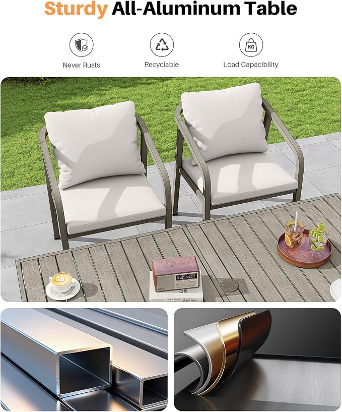 Never-Rust Aluminum Patio Dining Table, 63" x 35" Rectangular Outdoor Dining Table for 6, Outdoor Patio Table with Umbrella Hole for Courtyard, Garden, Veranda, Deck, Gray Oak