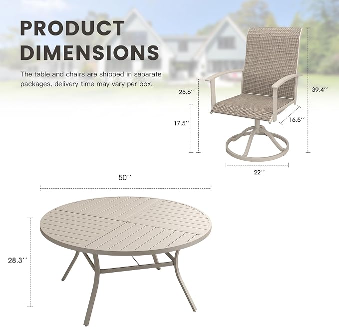 7 Pieces Round Outdoor Table and Chairs Set, Patio Dining Set with 50" Round Spliced Outdoor Table and Patio Swivel Chairs for Backyard Lawn Garden, Sandshell Table and Sandshell Chairs