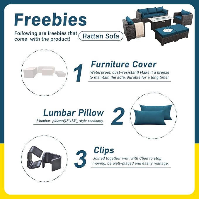 Patio Furniture Set 6-Piece Outdoor Furniture Set with 45'' Propane Gas Fire Pit Table Outdoor Conversation Set Wicker Sofa Set Non-Slip Cushions Waterproof Covers, Peacock Blue