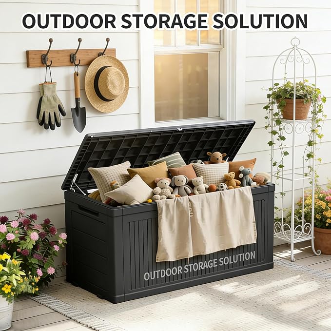 230 Gallon Lockable Resin Deck Box, Waterproof Outdoor Storage Box for Patio Furniture Cushions, Garden Tools & Pool Accessories Storage, Black