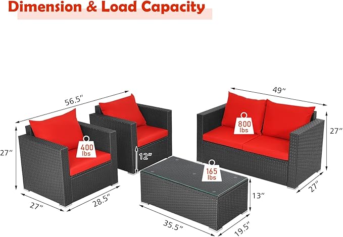 COSTWAY 4-Piece Patio Rattan Furniture Set, Cushioned Sofa Chair, Loveseat and Coffee Table with Tempered Glass Top, Outdoor Conversation Sets for Garden Poolside Balcony Porch (Red)
