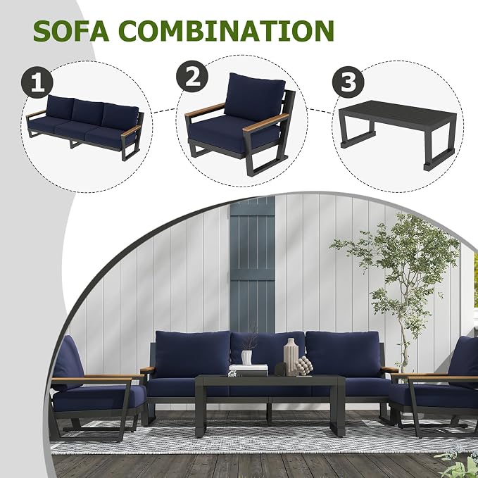 Aluminum Outdoor Patio Furniture Set with Coffee Table,4 Piece Patio Conversation Sets with Washable Thick Cushions, Outdoor Sectional Furniture Set for Porch, Balcony, Deck, Yard, Blue