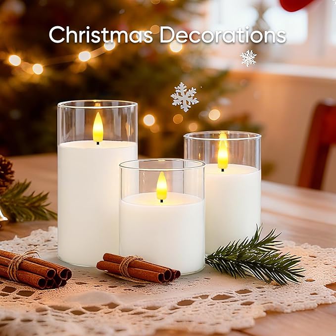5plots Glass Battery Operated White Flameless Candles with Remote Timer, 3D Wick Real Wax Pillar Led Candles Warm Flickering Light for Indoor Home, Halloween, Christmas Decor, Set of 3, D3 x H4 5" 6"