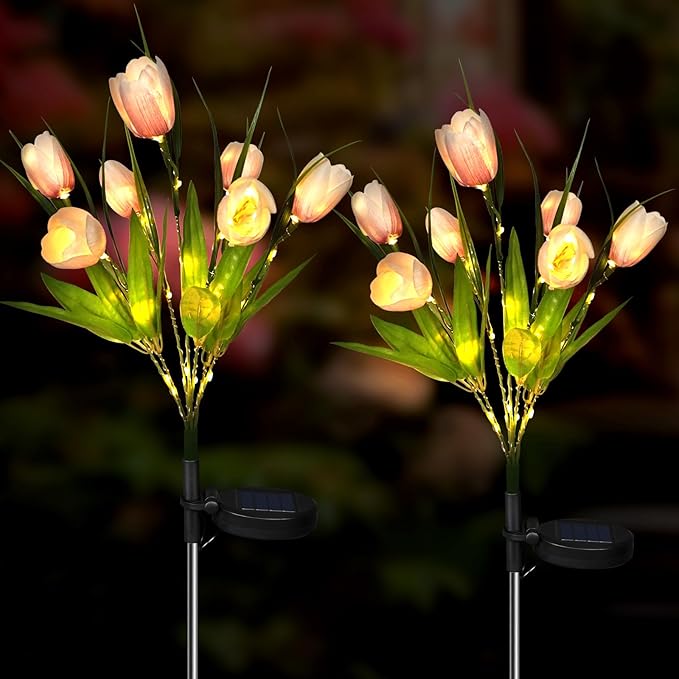 Aolyty Solar Garden Lights Outdoor, Solar Tulip Lights 2 Pack with 14 Tulip Flowers, IP65 Waterproof LED Stake Light for Pathway Patio Yard Landscape Decorative (Lavender)