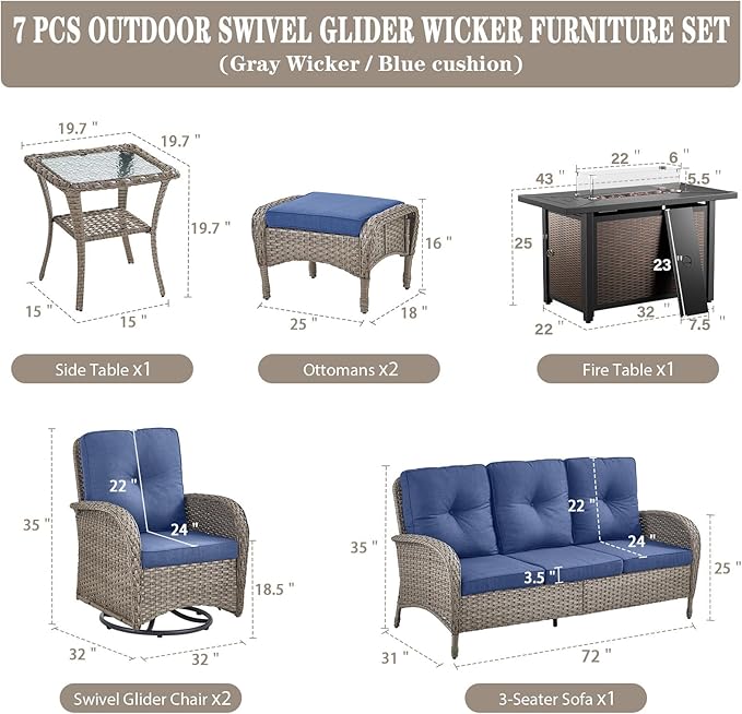 Belord 8 Piece Patio Furniture Set with 43" Fire Pit Table - Wicker Patio Conversation Set with Swivel Rocker Chairs and Sofa for Deck Outside Backyard Gray