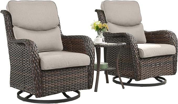 Rilyson Wicker Rocking Chair Swivel Chairs - 3 Piece Rocker Patio Furniture Set Rattan Rocking Bistro Sets with Glass Top Side Table for Outdoor Porch Deck Garden Backyard (Brown/Beige/Smile)