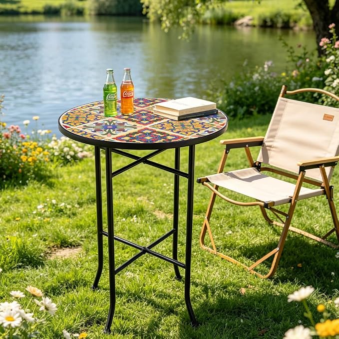 Mosaic Outdoor Side Table Small Round Patio Table Plant Stand | 21" Accent End Table with 14" Ceramic Tile Top for Small Spaces Porch Pool Garden Decor Indoor Living Room Bedroom Balcony