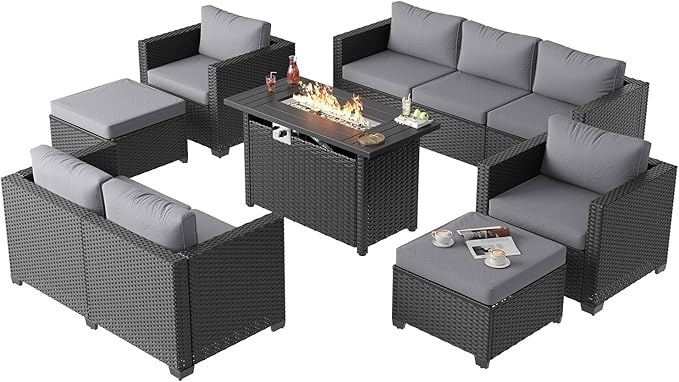 Aoxun 7 Piece Patio Furniture Set with Fire Pit Table, 9 Seats Outdoor Furniture Set with Wicker Ottomans, Rattan Outdoor Sectional Sofa with Thickened Cushion & Waterproof Cover Grey