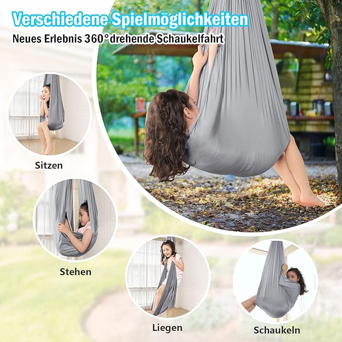 Yoga Swing for Kids Hammock Children Hangin Indoor Outdoor Autism Aspergers,ADHD Kids Hangin Therapy Swing 110inch x 59inch (Hardware Included) Silver Gray