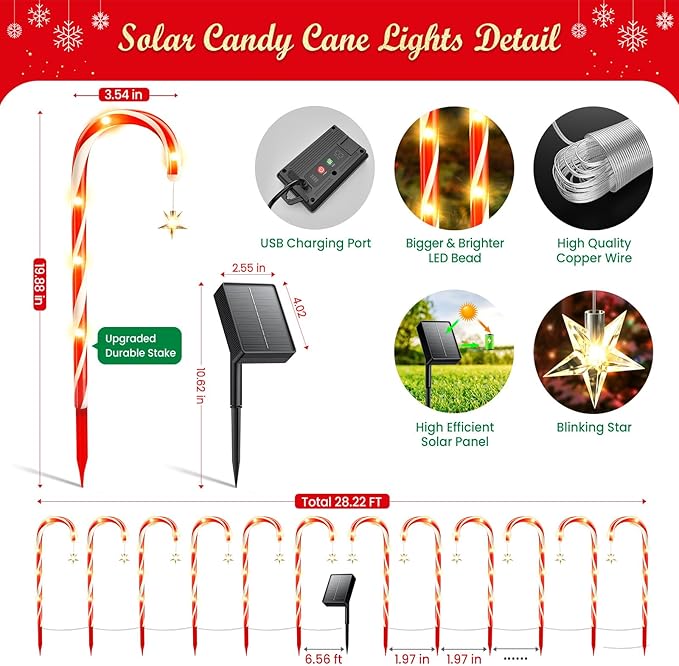 BUCASA 24 Pack Christmas Decorations Outdoor Solar Candy Cane Lights, 144 LEDs, 10 Modes, Waterproof, USB Rechargeable, Perfect for Yard, Garden, Pathway