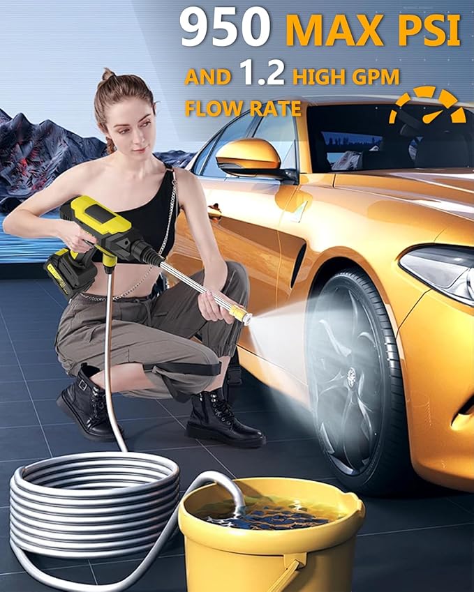 950PSI CordlessPowerWasher with Foam Cannon for Car, Lane, Patio Cleaning, Yellow