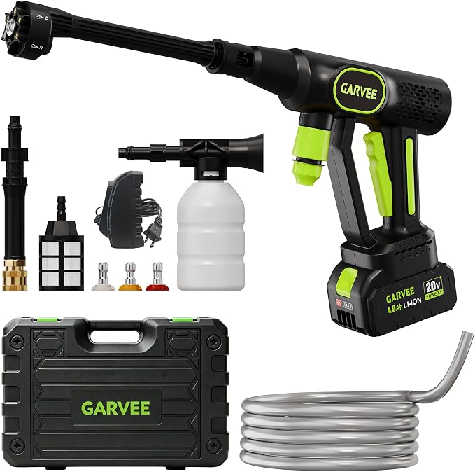 Garvee Cordless Pressure Washer 20V, 320 PSI Brushless Portable Power Washer with 6-in-1 Nozzle, Foam Cannon, 26ft Hose, Battery & Charger