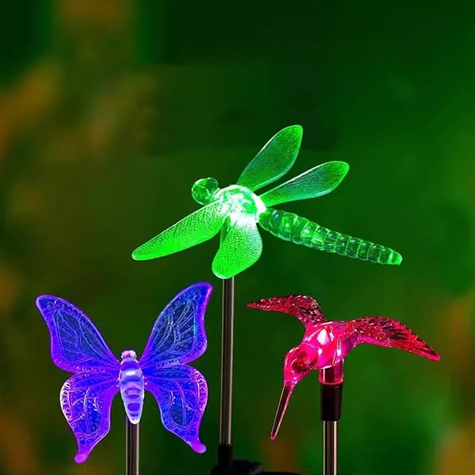 Outdoor Solar Powered LED Garden Light Landscape Lighting Waterproof Multicolor Color Changing Stake Light for Patio Yard Pathway Flowerbed Lawn Christmas Decorations Butterfly Dragonfly Hummingbird