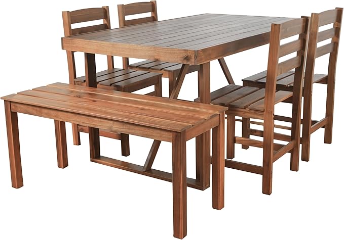 LUMISOL 6 Piece Patio Conversation Furniture Set, 6-Piece Outdoor Table Set with 4 Chairs and 1 Bench for 6 Persons, Acacia Wood Outdoor Table and Chair Set for Patio Balcony Backyard, Brown