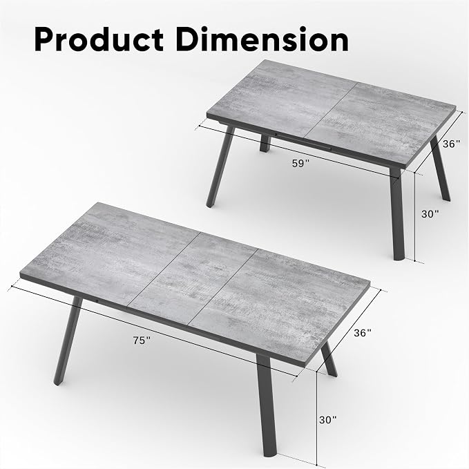 RoyalCraft Patio Expandable Table Dining Set for 4 to 8, Aluminum Outdoor Dining Table, Rectangular Patio Metal Table for Backyard Porch, Deck ＆ Garden, Easy Assembly, 59"- 75", Grey