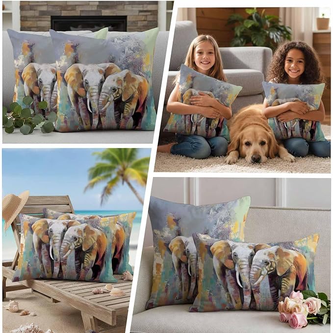 Elephants Outdoor Pillow Covers 20"x12" Set of 2, Animal Abstract Splatters Bohemian Waterproof Throw Pillow Covers for Patio Furniture, Decorative Cushion Covers for Porch