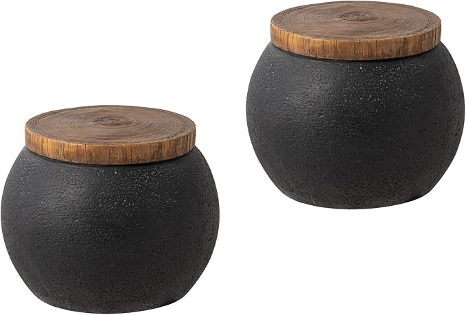 COSIEST Outdoor Side Table Set of 2, Black Drum Outdoor End Tables,17" Patio Side Table, Concrete Side Tables for Outside Faux-Wood Top Accent Table Stool for Yard, Garden, Indoor