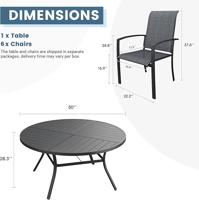 DIFY 7 Pieces Outdoor Dining Set, Metal Patio Table and Chairs Set for 6 with Umbrella Hole, 50" Round Dining Table and Textilene Stackable Patio Chairs for Garden Backyard Poolside, Black