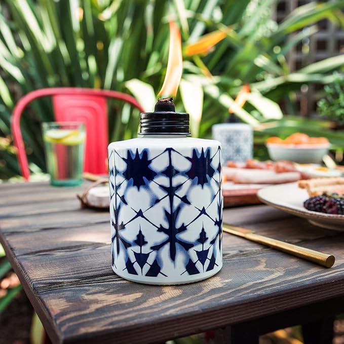TIKI Glass Tie-Dye Tabletop Torches, 3-Pack – Decorative Outdoor TIKI Torches for Patio, Backyard & Garden – Portable Tabletop Citronella Torches for Outdoor Lighting – Blue, 5.75-Inch